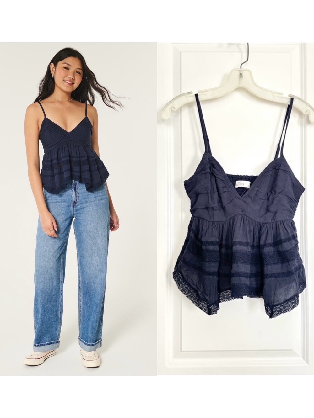💙 (NWT) Hollister • Easy Lace Babydoll Blouse in Navy